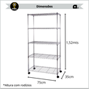 Ver imagem 3 de Estante Aramada em Aço Cromado com 5 Prateleiras Ajustáveis e Rodízios