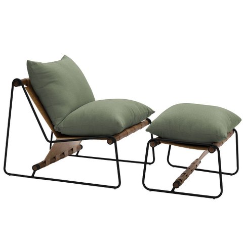 Kit Poltrona com Puff Turim Base Aço Preto Recouro Camel Poliéster Verde - Nexta Casa
