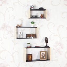 Kit Nicho e Prateleira Para Quadro Parede MDF Preto e Madeira Pinus - 2