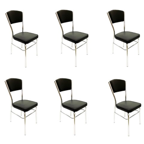 Cadeira Cozinha Reforço Cromada Assento Grosso Confortável Encosto Estofado Cor Preto Kit 6 Peç