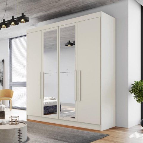 Guarda Roupa Solteiro com Espelho 4 Portas 3 Gavetas - Nantes-off White - Móveis Europa