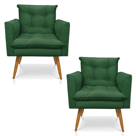 Kit 2 Poltronas Olivia Suede Verde Pés Palito Castanho - Pallazio