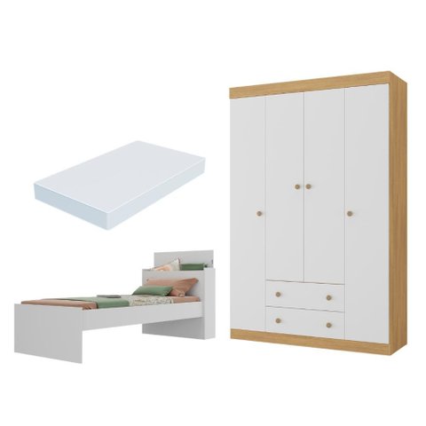 Jogo de Quarto Cama com Colchão e Guarda-Roupa 4 Portas 2 Gavetas Lira Multimóveis MP4839 Branco/