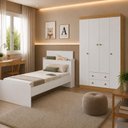 Ver imagem 3 de Jogo de Quarto Cama com Colchão e Guarda-Roupa 4 Portas 2 Gavetas Lira Multimóveis MP4839 Branco/