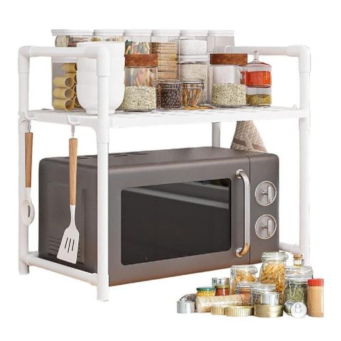 Rack Organizador Suporte para Micro-Ondas Prateleira Porta Temperos em Plástico e Metal para