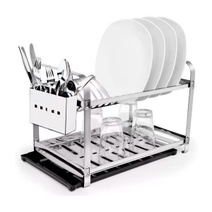 Escorredor 12 Pratos em Inox com Porta Talheres de Plástico