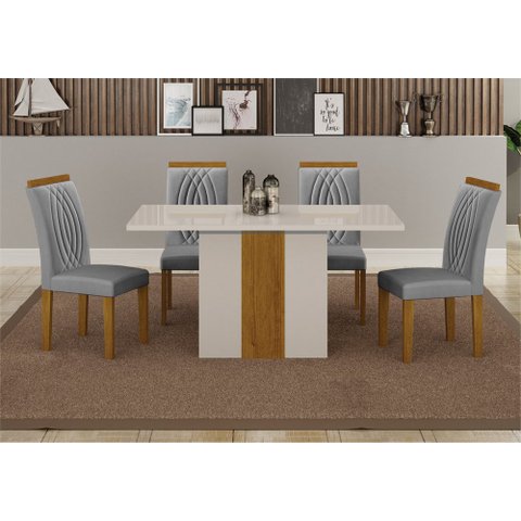 Conjunto Sala de Jantar Mesa Doha1,20m C/ 4 Cadeiras Moveis Leifer Off White/freijó Tampo Off White