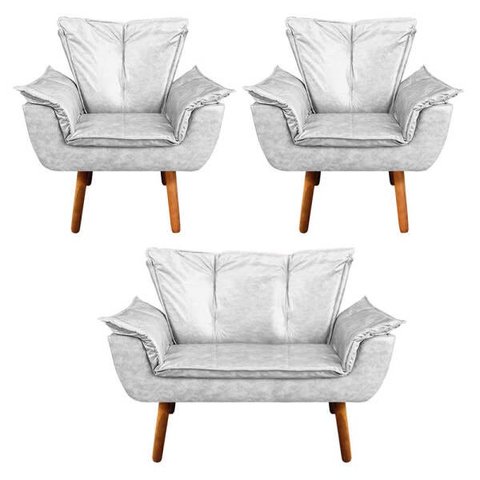Kit Namoradeira e 02 Poltronas Opala Couro Pés Palito - D'Rossi - Couro Branco
