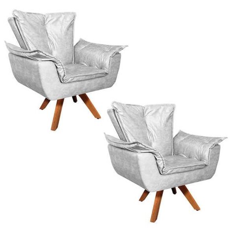 Kit 2 Poltronas Giratória Opala Couro Base de Madeira - Couro Branco
