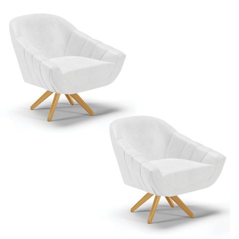 Kit 02 Poltronas Giratória Giovana Corano Branco Base Madeira MA30 - D’Rossi