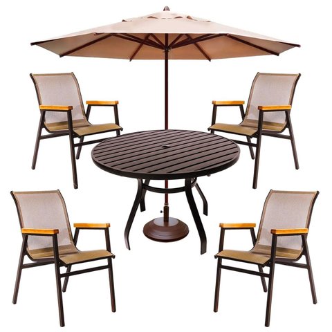 Jogo de Mesa 90cm Alumínio 4 Cadeiras Piscina Jardim + Guarda Sol