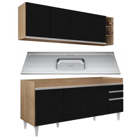 Armário Aéreo Nevada e Balcão Gabinete 180cm Com Pia Dallas Castanho/Preto - Lumil Lumil Móveis Neva