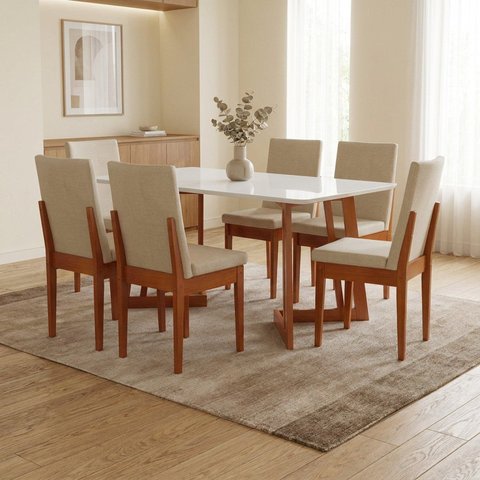Mesa de Jantar com Tampo de Vidro e 6 Cadeiras em Linho Caramelo