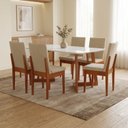 Ver imagem 1 de Mesa de Jantar com Tampo de Vidro e 6 Cadeiras em Linho Caramelo