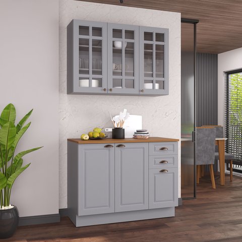 Cozinha Modulada 2 Peças Balcão com Tampo e Armário Aéreo com Vidro 100% MDF com Rodapé Bari Cinza/Titanio Fosco