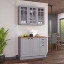 Ver imagem 1 de Cozinha Modulada 2 Peças Balcão com Tampo e Armário Aéreo com Vidro 100% MDF com Rodapé Bari Cinza/Titanio Fosco