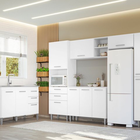 Conjunto Cozinha Modulada Completa 5 Peças e Balcão para Pia sem Tampo 118cm Iris Branco