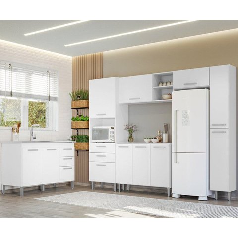 Conjunto Cozinha Modulada Completa 5 Peças e Balcão para Pia sem Tampo 118cm Iris Branco