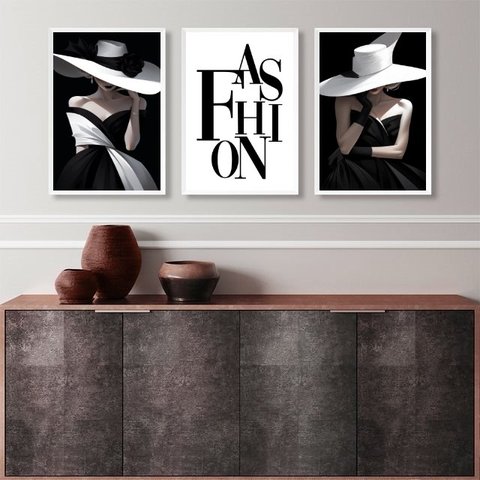 Kit 3 Quadros Decorativos Fashion Lady Preto e Branco 33x24cm - com Vidro:madeira Branca