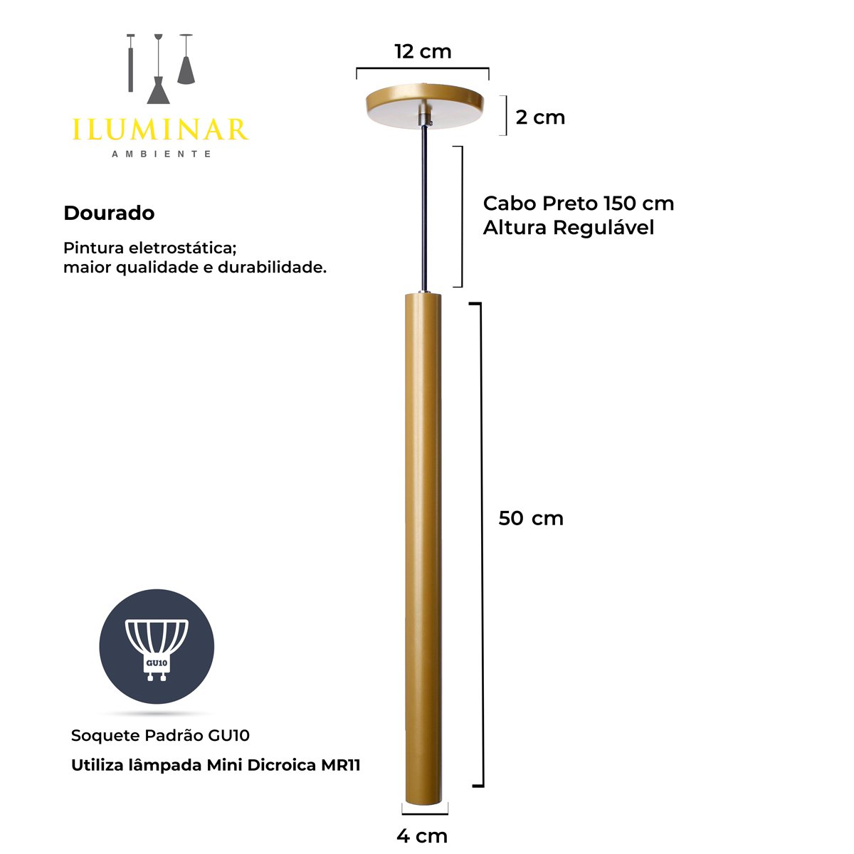 Kit 3 Pendente Luminária Tubo Dourado Fosco 50 Cm MadeiraMadeira