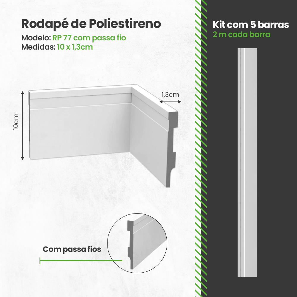 Kit Rodapé de Poliestireno Frisado 5 Barras 10cm Altura - 3