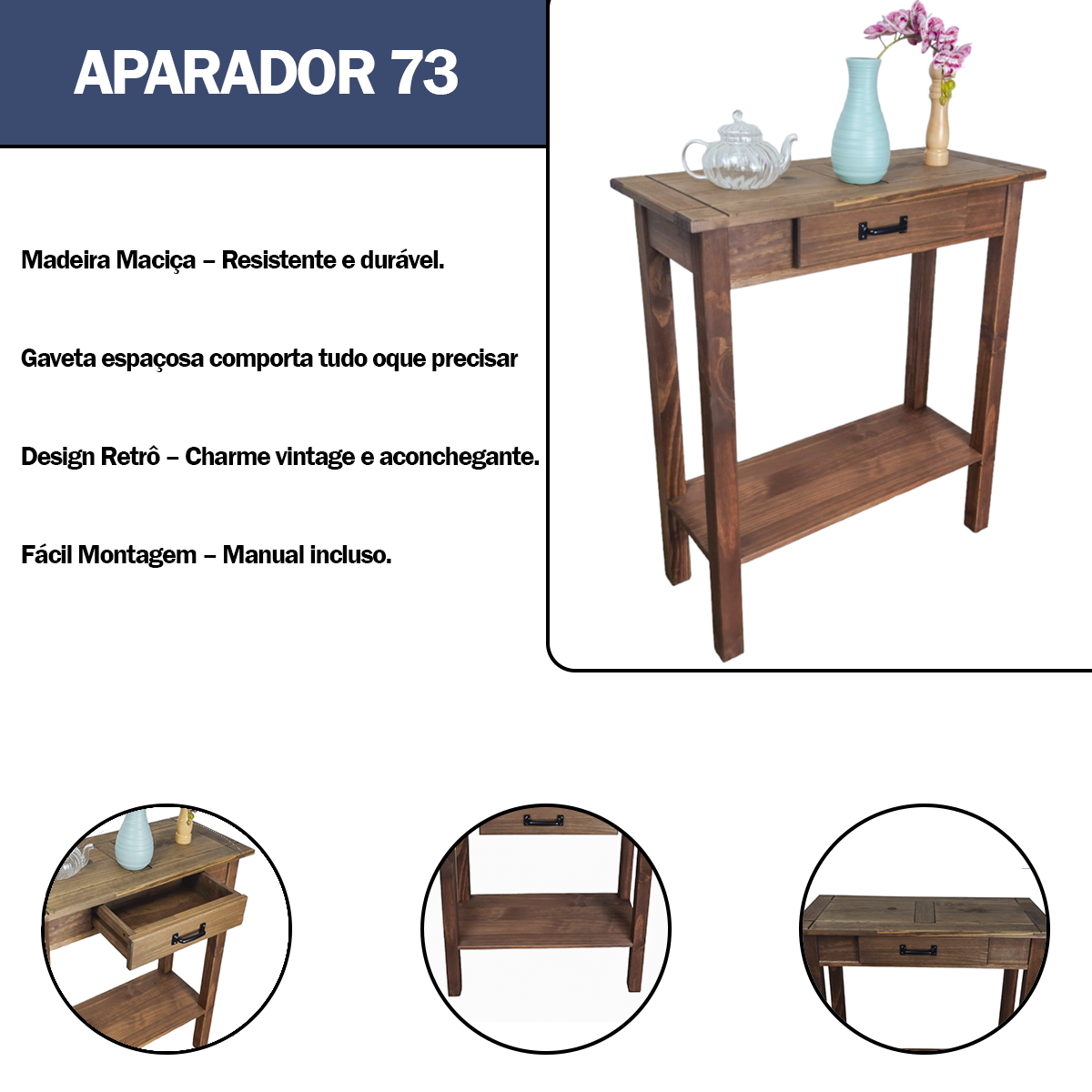 Aparador Buffet Organizador Vintage Retro Madeira Maciça 73 Cm Multiuso Sala Mesa Multiuso Cozinha - 3