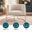 Ver imagem 3 de Poltrona Decorativa Luna Bouclé Premium para Sala Escritório Recepção Base Circular em Ferro Madeira