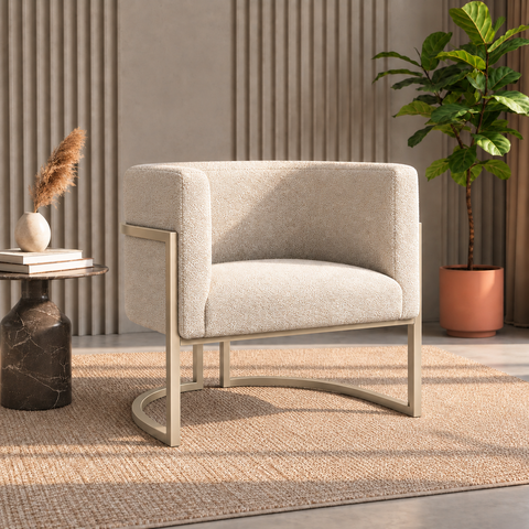 Poltrona Decorativa Luna Bouclé Premium para Sala Escritório Recepção Base Circular em Ferro Madeira