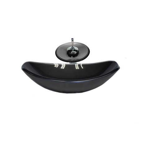 CUBA DE VIDRO OVAL CHANFRADA 46CM GRAFITE + VALVULA + TORNEIRA CASCATA