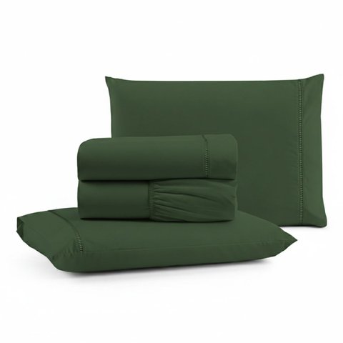Jogo de Lençol Casal Padrão Premium Soft 600 Fios Micropercal Verde Escuro Ponto Palito Toque Macio 