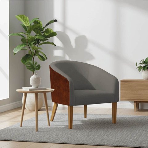 Poltrona Sala Decorativa Stella Pé Madeira Trapézio Castanho Sintético PU Nozes/Linho Grafite D03 - 