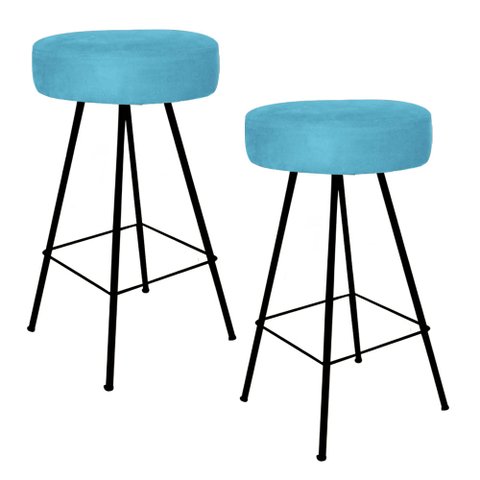Kit 02 Banqueta Alta Laisa Industrial Redonda Cozinha Bar Balcão Bistrô Ferro Preto Suede Azul Turqu
