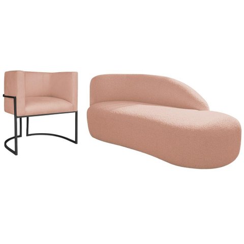 Kit Divã Luna 185cm Lado Direito e 01 Poltrona Base de Ferro Preto Suede Rosê