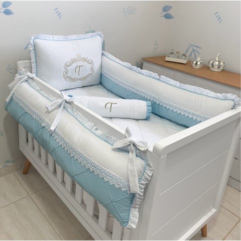 Kit Berço Imperial Letra T |branco com Azul | 08 Peças