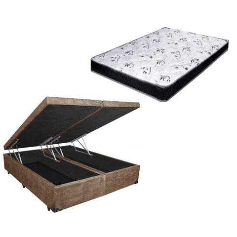 Cama Box Baú Casal Bi-Partido Green Bege Suede + Colchão Espuma D33 138x188x8