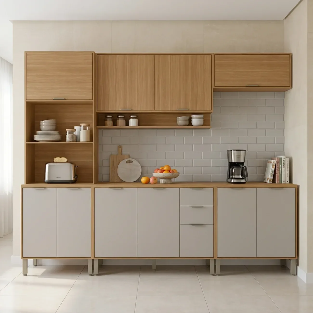 Ver imagem 1 de Cozinha Compacta Modulada 5 Peças 270cm 11 Portas e 2 Gavetas Colors Marrom Freijó/Cinza Niquel