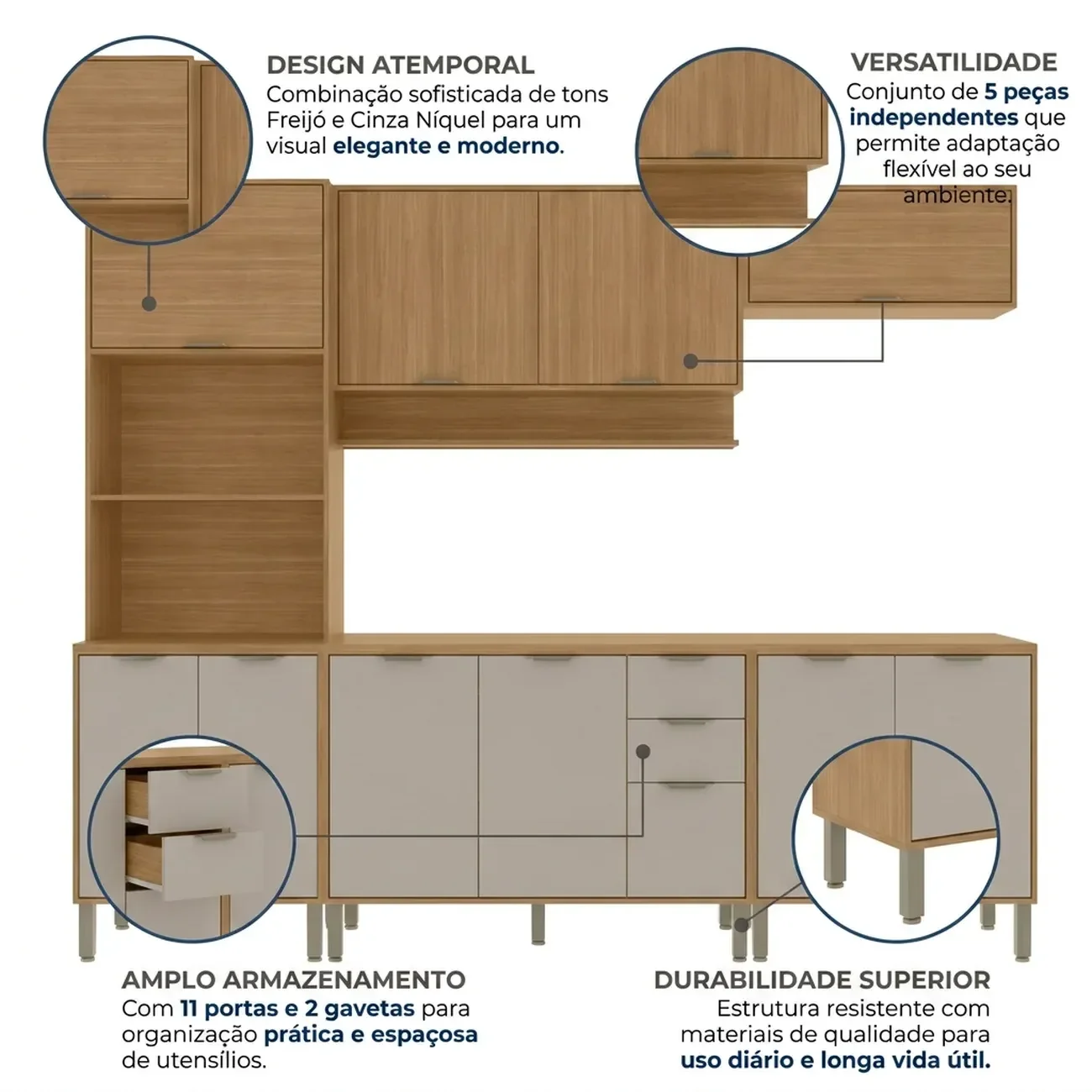 Ver imagem 5 de Cozinha Compacta Modulada 5 Peças 270cm 11 Portas e 2 Gavetas Colors Marrom Freijó/Cinza Niquel
