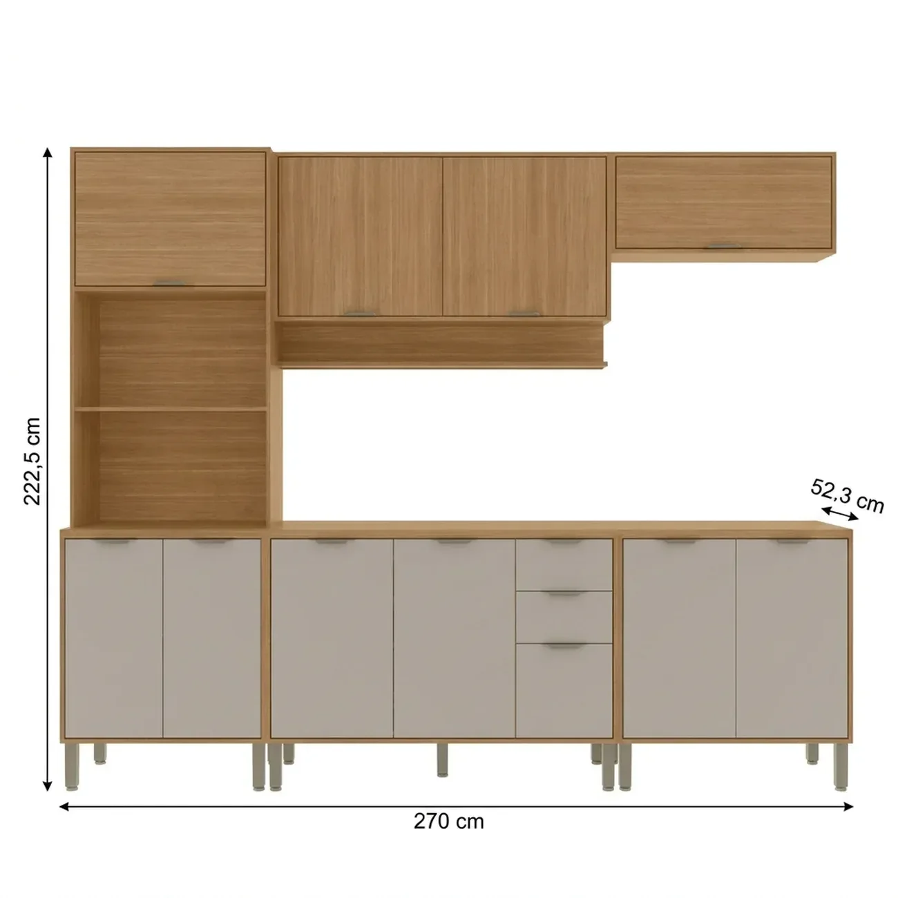 Ver imagem 3 de Cozinha Compacta Modulada 5 Peças 270cm 11 Portas e 2 Gavetas Colors Marrom Freijó/Cinza Niquel