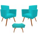 Ver imagem 1 de Kit 2 Poltronas Decorativa Bia + Puff Retangular Suede Azul Tifany Pés Madeira Mz Decor