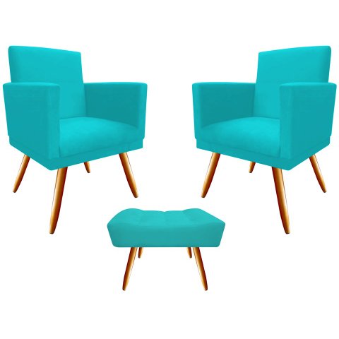 Kit 2 Poltronas Decorativa Bia + Puff Retangular Suede Azul Tifany Pés Madeira Mz Decor