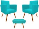 Ver imagem 1 de Kit 2 Poltronas Decorativa Bia + Puff Retangular Suede Azul Tifany Pés Madeira Mz Decor