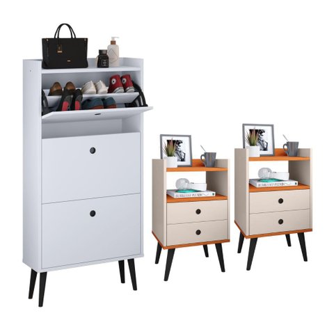 Kit Sapateira Vertical 3 Gavetas Basculantes Branco 2 Mesinhas Canto Quarto Nicho Off White/Cinamomo