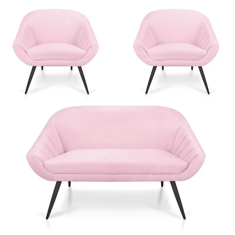 Kit 01 Namoradeira 02 Lugares e 02 Poltronas Giovana Suede de Ferro Rosa Bebê