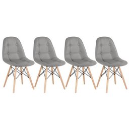 Kit 4 Cadeiras Estofadas Eames Eiffel Botonê - Cinza - Base de Madeira Clara - 1
