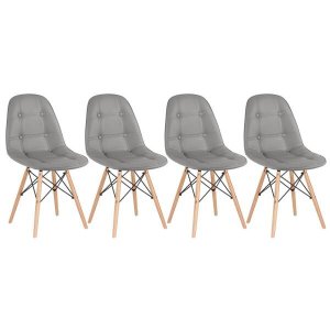 Kit 4 Cadeiras Estofadas Eames Eiffel Botonê - Cinza - Base de Madeira Clara