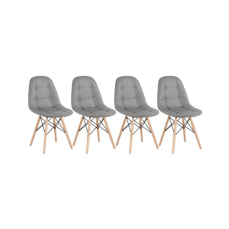 Kit 4 Cadeiras Estofadas Eames Eiffel Botonê - Cinza - Base de Madeira Clara