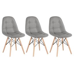 Kit 3 Cadeiras Estofadas Eames Eiffel Botonê - Cinza - Base de Madeira Clara - 1