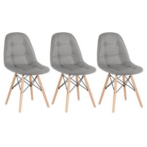 Kit 3 Cadeiras Estofadas Eames Eiffel Botonê - Cinza - Base de Madeira Clara