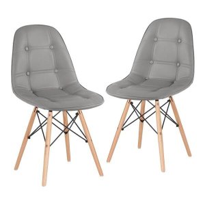 Kit 2 Cadeiras Estofadas Eames Eiffel Botonê - Cinza - Base de Madeira Clara