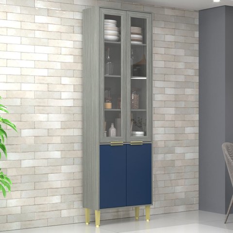 Paneleiro com Vidro 4 Portas Domus Espresso Móveis Cinza/Silver/Royal